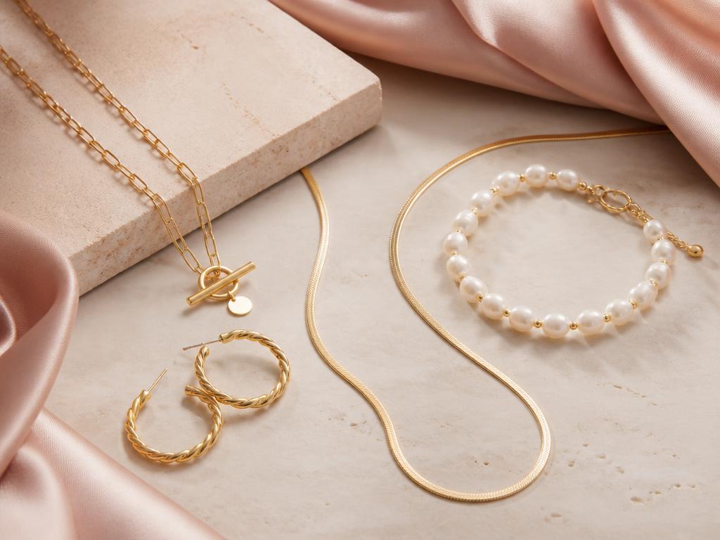 Fine gold jewellery and pearls on blush silk